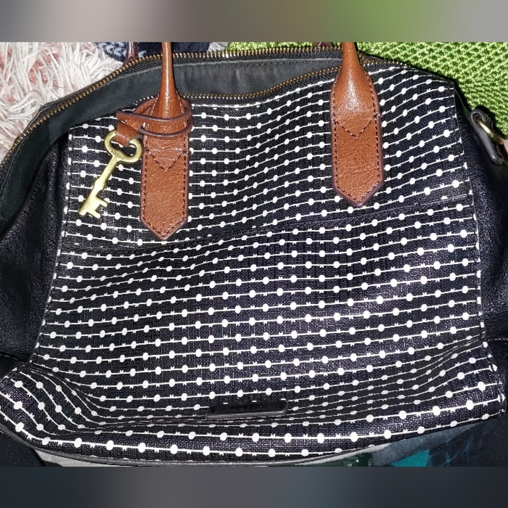Fossil Black and White Satchel with Brown Accents